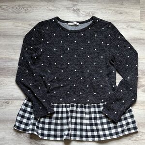Heather black Dot Peplum Top with Gingham Hem